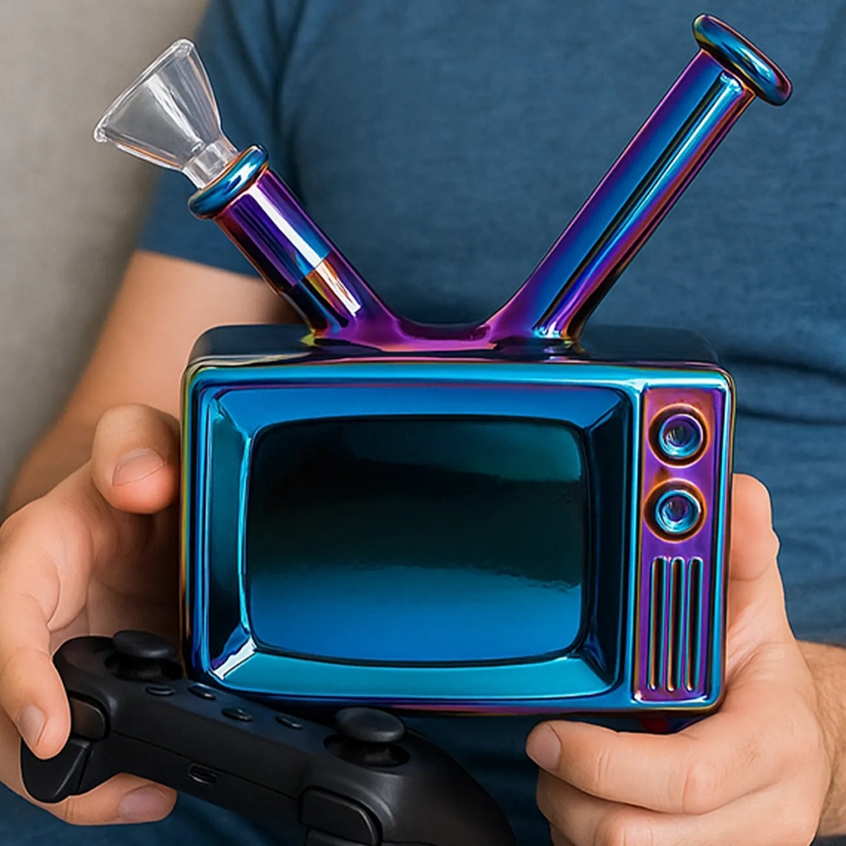Close-up front view of the iridescent DHC Originals TV Bong held in hands with a game controller below.