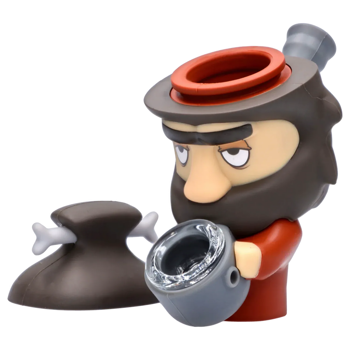 Three-quarter view of the DHC Originals Caveman Silipipe figurine holding a gray bowl next to a brown pouch, on a white background