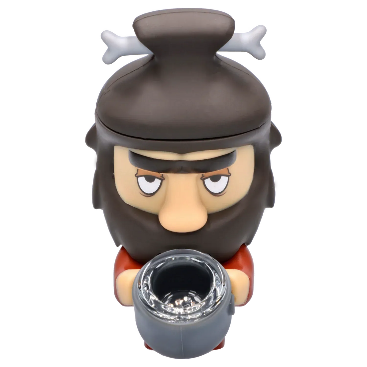 Top-down close-up of a brown-helmeted figure holding a gray bowl, the DHC Originals Caveman Silipipe shown straight-on.