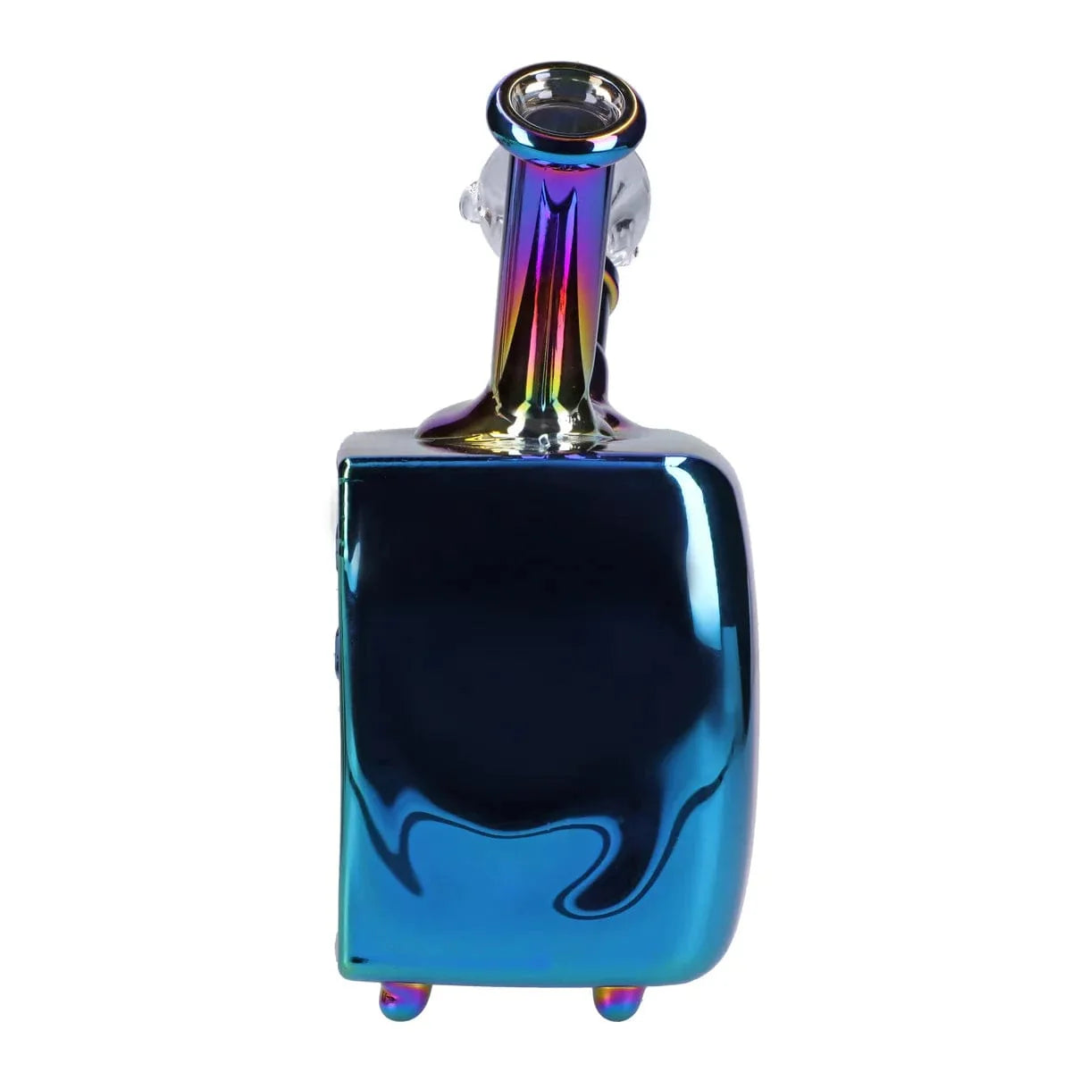 Front view of the DHC Originals TV Bong, a colorful glass water pipe with a rounded base and three small feet.