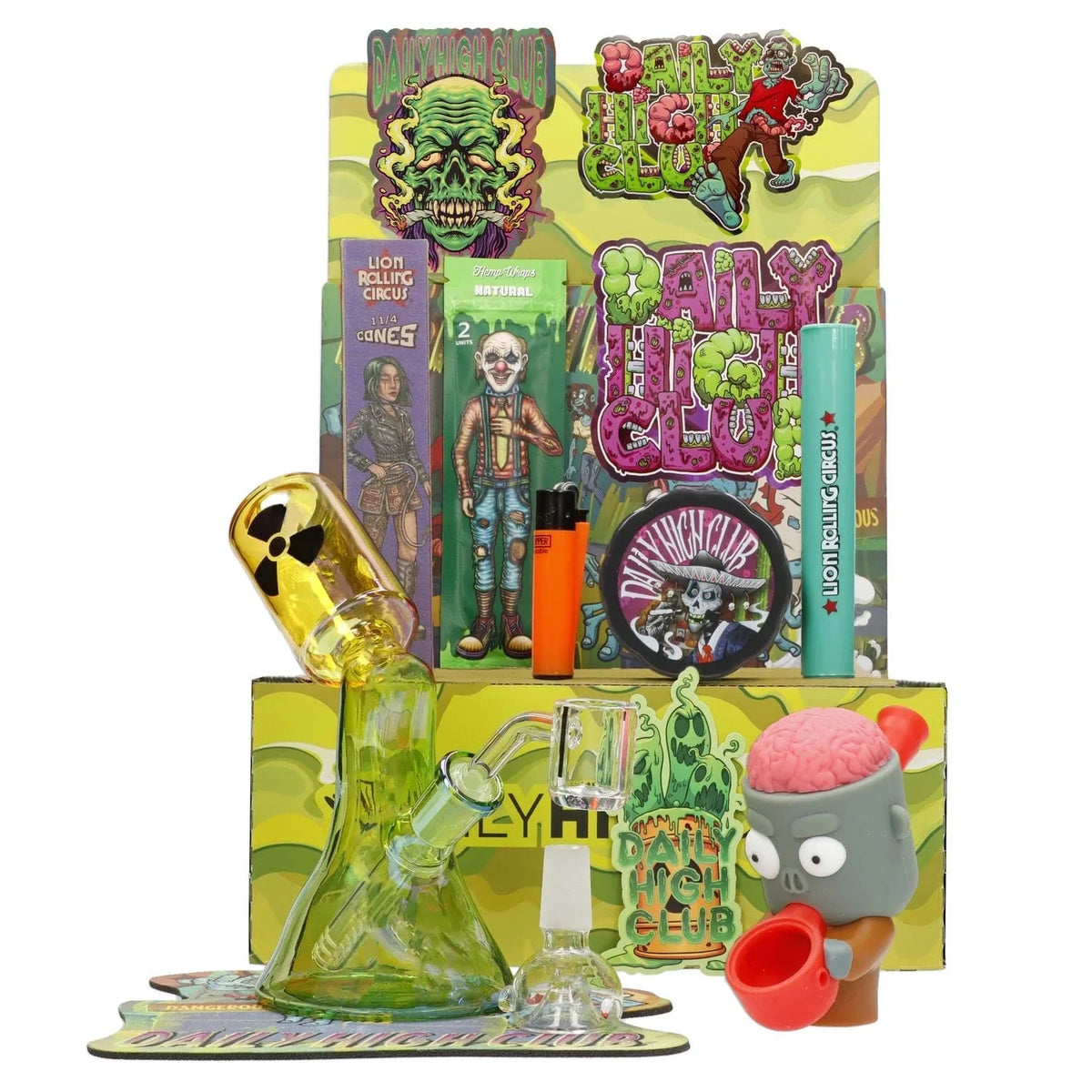 Front view of the “Radioactive Wasteland” Smoking Box, featuring a green, cartoonish design with a red accent on a patterned surface.