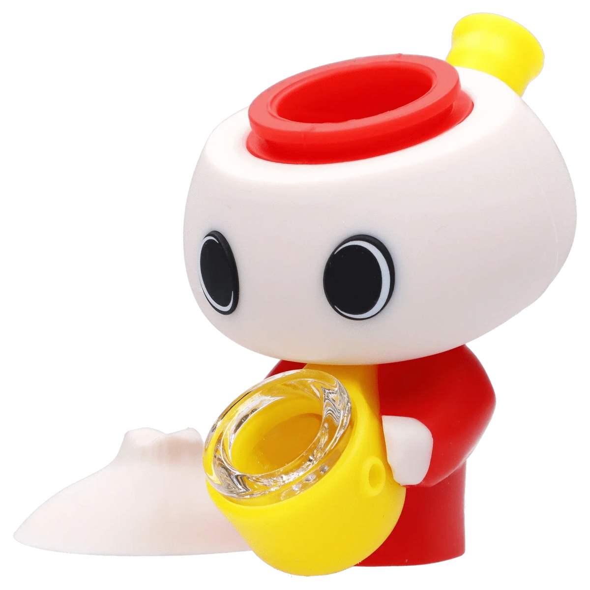 Close-up three-quarter view of the Dumpling Silipipe toy showing its white head with large black eyes, red rimmed top, yellow mouthpiece and yellow bowl.