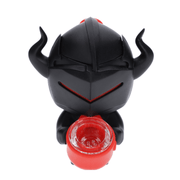 Front view of the Black Knight Silipipe, a black, sculpted pipe resembling a knight's helmet against a plain white backdrop.