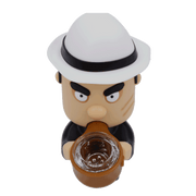 Front view of the Mobster Silipipe, a sculpted pipe designed as a cartoon mobster wearing a hat.