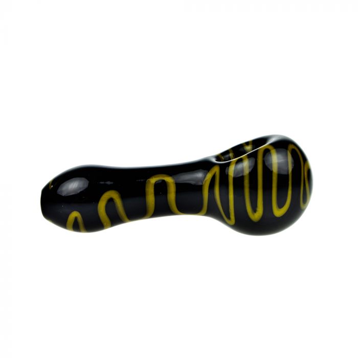 G-Spot Glass Spoon Pipe - Black Glass with Dark Yellow Zig-Zag Stripes main product photo