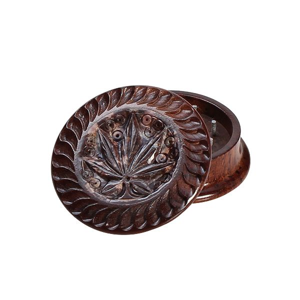 Rosewood Herb Grinder Carved Soapstone Pot Leaf Lid | 2-part | 35mm wide - steel pin teeth