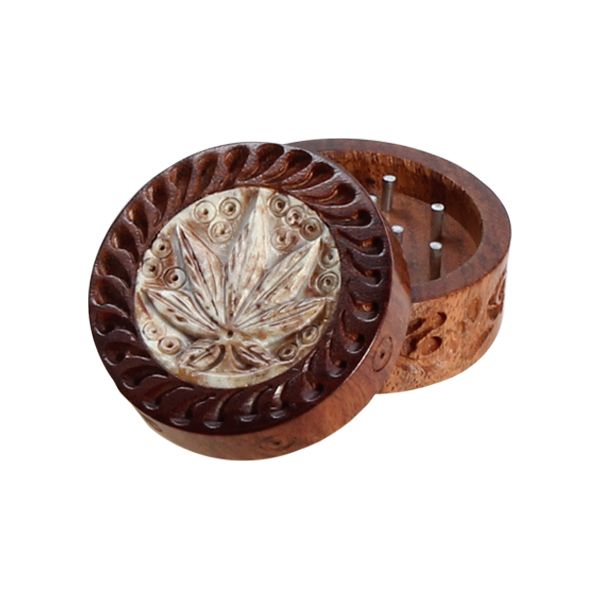 Rosewood Herb Grinder Carved Soapstone Pot Leaf Lid | 2-part | 35mm wide - steel pin teeth