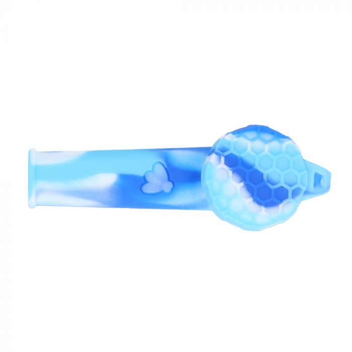 Silicone Spoon Pipe with Glass Bowl and Silicone Lid | Blue/White - Lid On