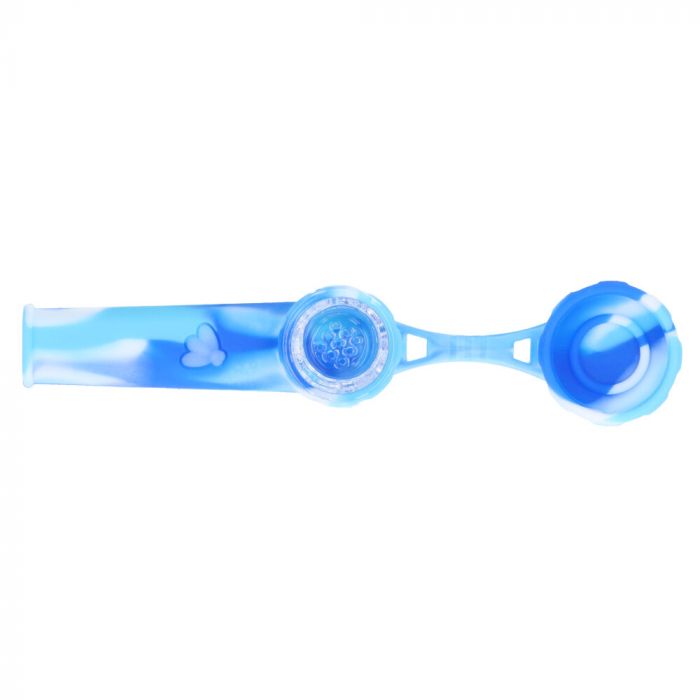 Silicone Spoon Pipe with Glass Bowl and Silicone Lid | Blue/White - Lid Off